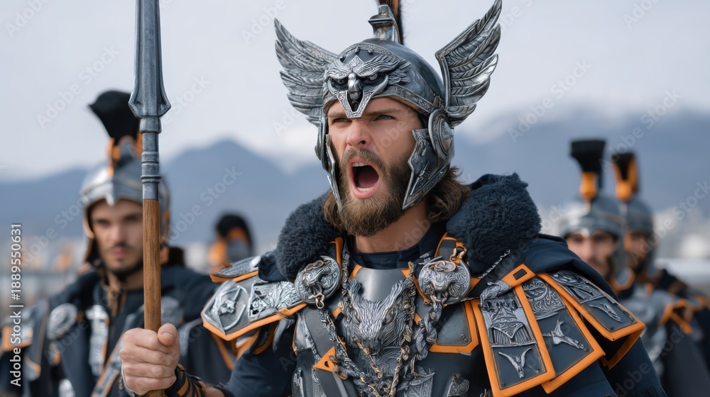 Fototapeta premium A Roman optio commands with a distinctive helmet and vitis staff in a vibrant scene.