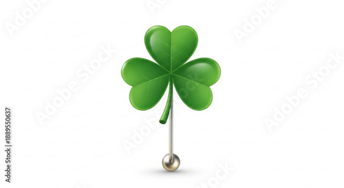 Lucky four leaf clover on silver pin with white background symbolizing good fortune and charm