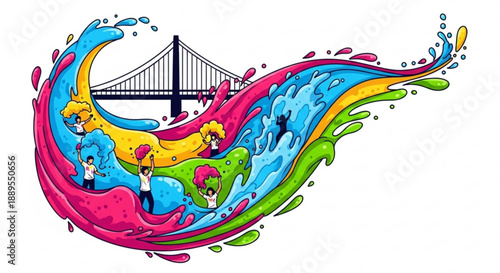 Vibrant colorful wave with people surfing and bridge in background abstract illustration