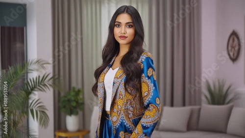 Wallpaper Mural Stylish woman in modern attire poses gracefully in a contemporary home interior Torontodigital.ca