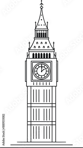 Detailed line art illustration of the Big Ben clock tower in London representing British architecture and landmarks.