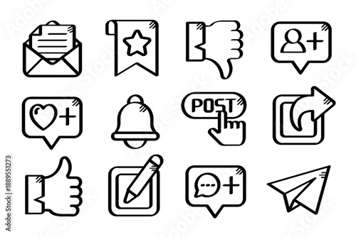 Social Media and Communication Icons Set outline Handdrawn Doodle Style