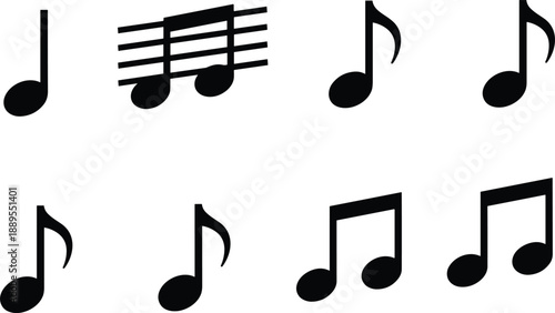 Black musical note icon set with various music notation symbols for audio sound and melody design