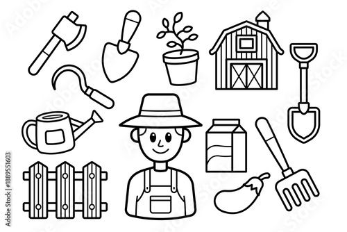 Cute Farmer Character and Tools doodle outline set for coloring book