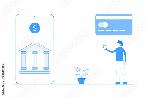 Digital banking illustration showing mobile payment and financial institution access
