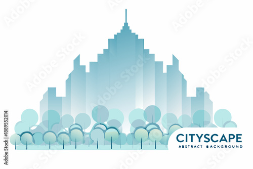Abstract cityscape illustration with layered buildings and tree silhouettes