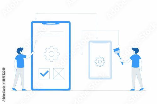 App development and testing concept with two people and mobile devices