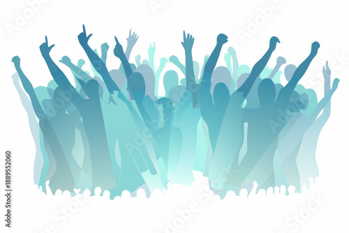 A crowd of people with raised hands depicted in a blue watercolor style