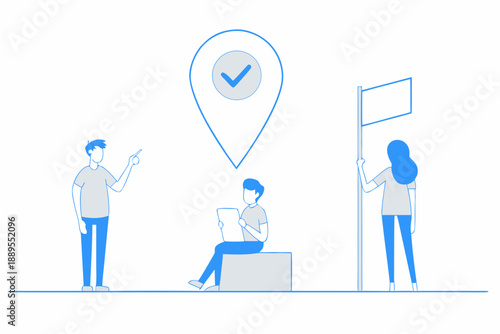 People interacting with a location pin and digital interface outdoors