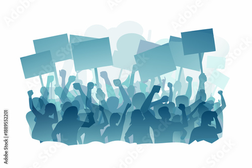 A crowd of people protesting with signs raised in the air