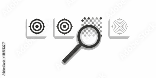 Four target designs and a magnifying glass on a white background