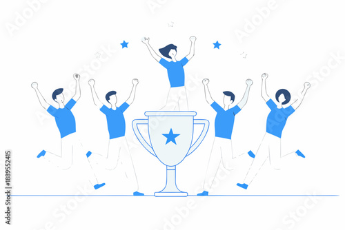 A team of people celebrating a victory with a trophy and stars