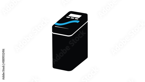 Modern washing machine in sleek black design with blue control panel in flat illustration style for home appliance advertising