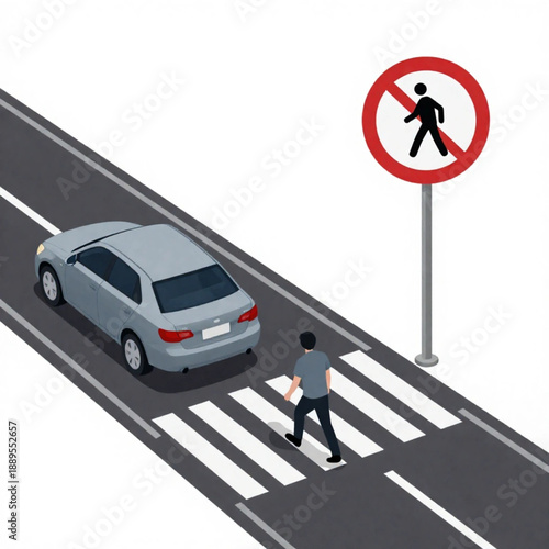This isometric illustration shows a man walking on a zebra crossing while a sign prohibits pedestrians. It emphasizes the concepts of traffic violations, road safety, and compliance with regulations.