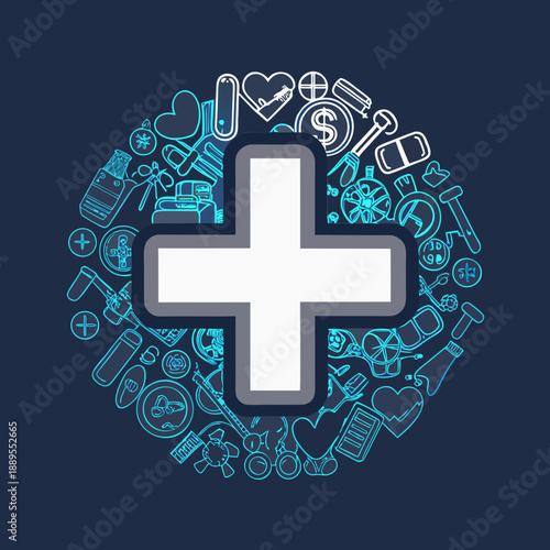 A white medical cross surrounded by various healthcare related icons