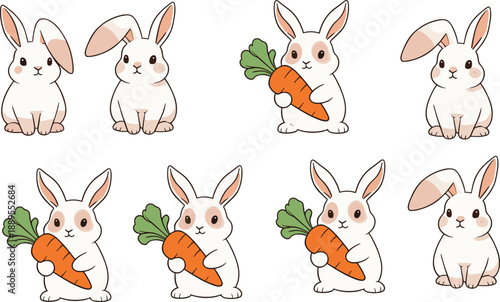 Set of cute bunny characters holding carrots in different poses, adorable kawaii rabbit animal vector illustration