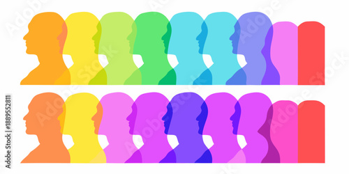 Silhouettes of faces layered with vibrant rainbow colors in two rows