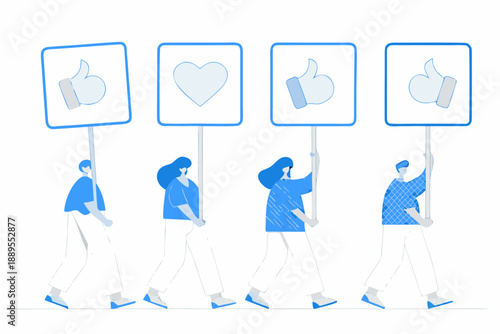People holding signs with social media like and heart icons