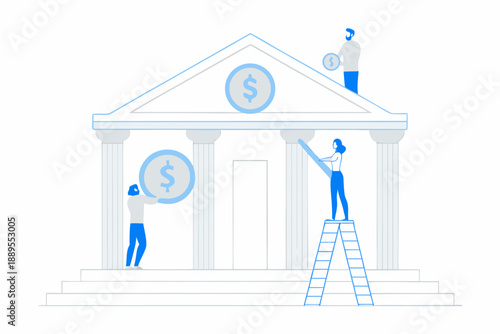 People building a financial institution with dollar signs as components