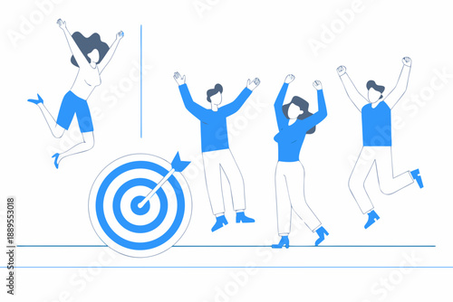 Team celebrating success with a dart hitting a target illustration