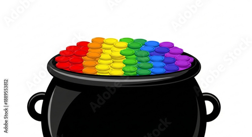 Black cauldron overflowing with rainbow coins on white background symbolizing good fortune and wealth