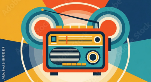 Retro radio with colorful abstract background vintage music player illustration for nostalgia and entertainment concepts flat design