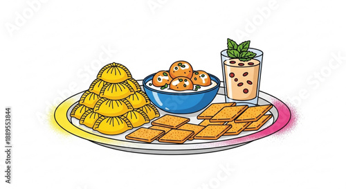 Traditional southeast asian desserts and drinks on a plate including yellow rice cakes sweet pastries and bubble tea with boba on a colorful background