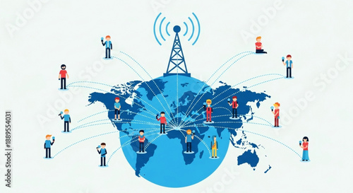 Global communication network illustration people connected around the world via a central tower concept for internet and technology