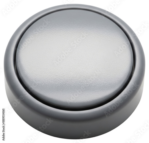 Grey circular control button with silver metal rim trim isolated with transparent background