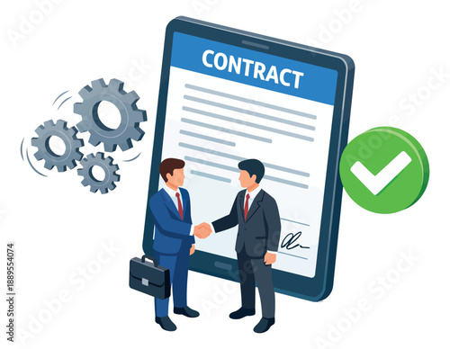 Isometric illustration of a business agreement depicting a successful handshake and digital contract signing for partnership and deal finalization