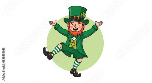 Happy leprechaun in green suit and hat jumping with joy on st patrick's day