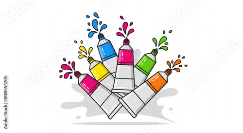 Colorful paint tubes with vibrant splashes of colorful paint on white background art supplies for creative projects