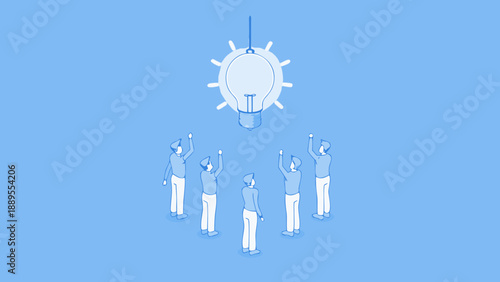 Isometric illustration of people reaching for a glowing light bulb