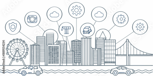 Smart city concept illustration with icons representing connected technologies and infrastructure