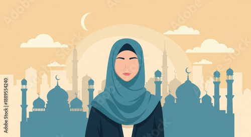 Muslim woman in hijab Islamic culture and tradition cityscape with mosques and crescent moon vector illustration for Ramadan and Eid celebrations
