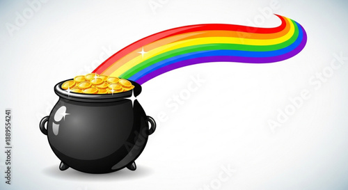 Black cauldron overflowing with gold coins under a vibrant rainbow on white background symbolizing good fortune and wealth