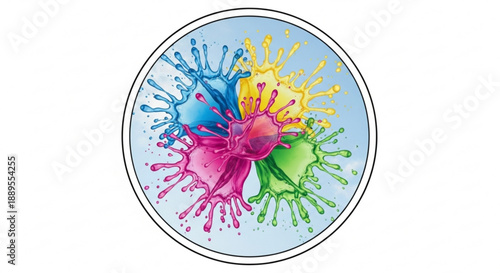 Vibrant colorful paint splatters in a circle on a light blue background with black outline