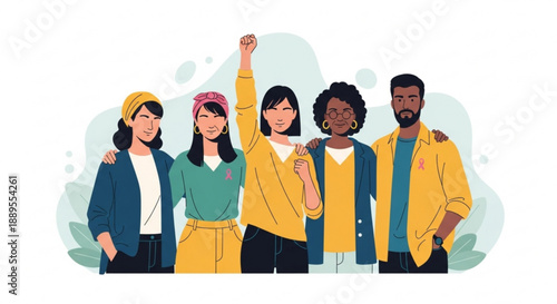 Diverse group of people standing together celebrating unity and empowerment flat vector illustration for social justice and community concepts