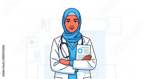 Muslim female doctor wearing hijab and stethoscope holding medical chart representing healthcare and diversity in medicine flat illustration on white background