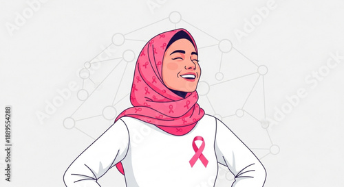 Smiling Muslim woman wearing a pink hijab with breast cancer awareness ribbons symbolizing hope and strength for womens health flat vector illustration