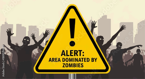 Zombie apocalypse warning sign in city with undead horde