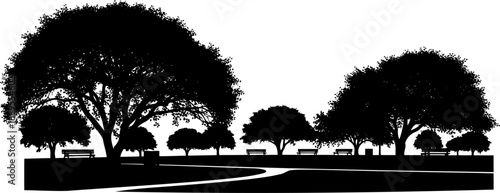 City park landscape silhouette with winding path and benches
