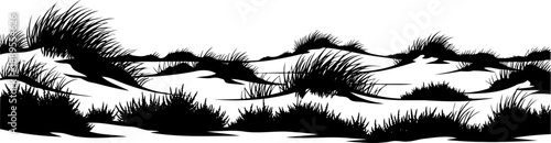 Coastal sand dunes silhouette with tall beach grass and mounds