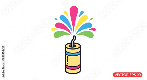 Colorful firework exploding in vibrant pink blue yellow and green hues on white background