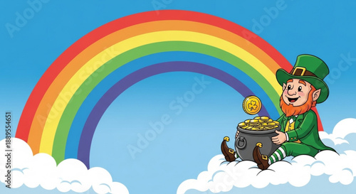 Leprechaun sitting on clouds with rainbow and pot of gold coins symbolizing good luck and fortune in a whimsical irish mythological scene