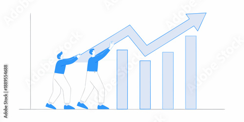 Teamwork and growth illustrated with a rising bar graph and supporting figures