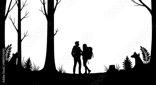 Couple hiking in deep forest with wild animals silhouette