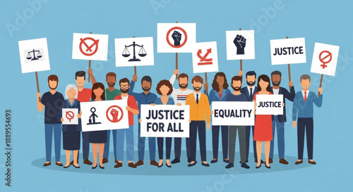 Diverse group of people holding protest signs for justice and equality flat vector illustration for social movements and human rights campaigns