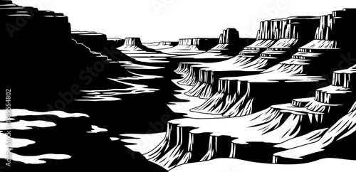 Deep canyon landscape silhouette with layered rock formations