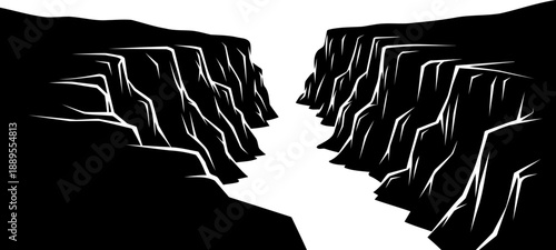 Deep canyon ravine silhouette with steep parallel rock walls